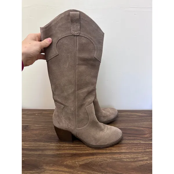 Crown Vintage Windy‎ Taupe Suede Western Tall Boots Womens 7M Stacked Heel - Image 4