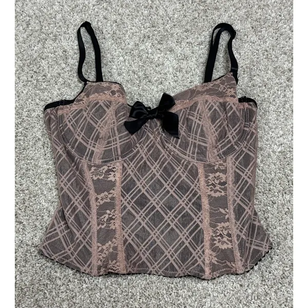 Y2K dELiA*s Dolls Kill Plaid Mesh Lace Bustier Corset Top Schoolgirl Goth Bow M - Image 3