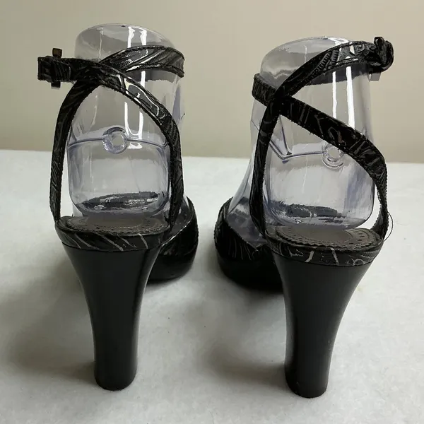 Franco Sarto Womens 6M Black Silver Metallic Embossed Ankle Strap Peep Toe Heels - Image 6
