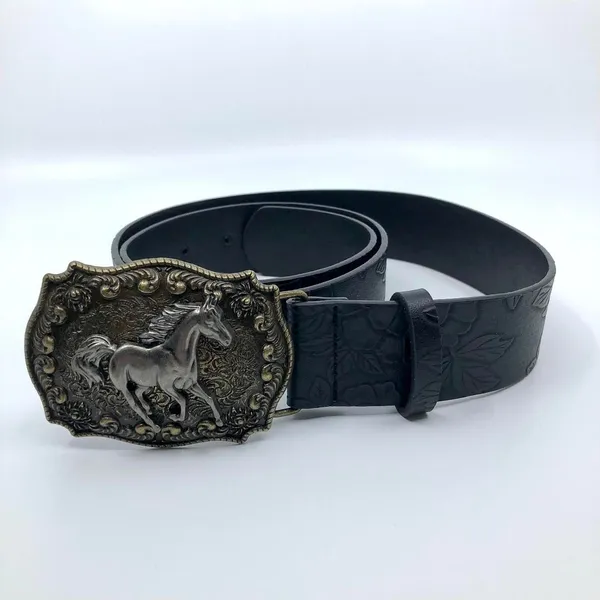 Women's Black Embossed Western Horse Buckle Belt, 28.5–39.5 Inches, X7G9A1018 - Image 2