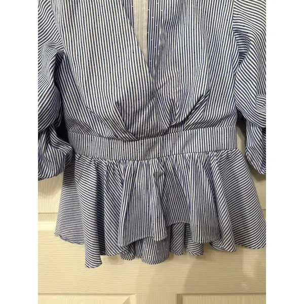 DO+BE Blue/White Boutique Pinstripe Ruffled Sleeve Plunge Top, S - Image 5