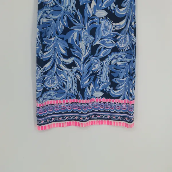 Lilly Pulitzer Blue Floral A-Line Dress XS Pink Border Ruffle Sleeve Rayon Spand - Image 4