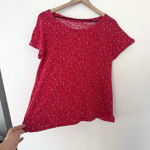 Talbots 100% Linen Cotton Blend Red Stars T Shirt XS Coastal Patriotic Beachy - Image 4