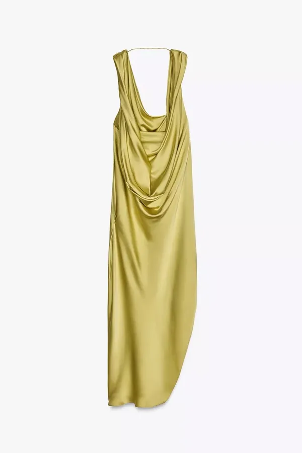 Zara maxi dress zwcollection satin flowy Sleeveless Lime evening party wedding - Image 8