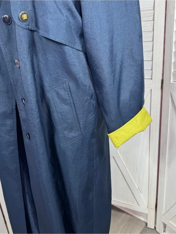 Vintage 90s Gantos Long Trench Rain Coat Navy Blue Yellow Size 14 Oversized - Image 6