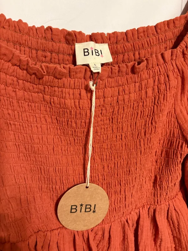 BiBi Rust Smocked Off-Shoulder Gauzy Cotton Peasant Blouse Coquette SZ L NWT - Image 2