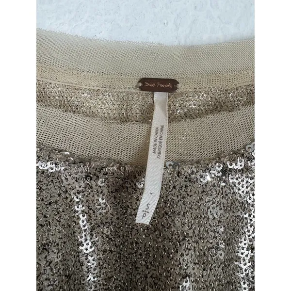 Free People Champagne Dreams Tee Small Neutral Gold Sequin Oversized Cropped - Image 5