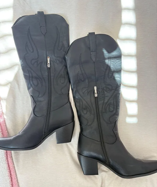 Amazon Black Pointed Toe Knee High Cowboy Boots - Image 4