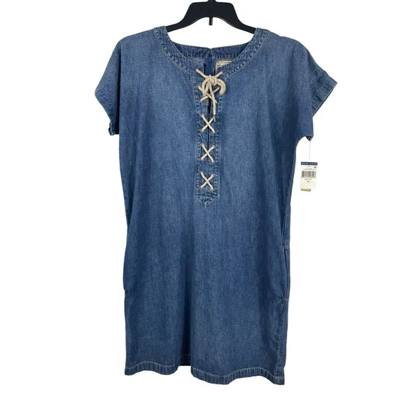 NWT Polo Ralph Lauren Denim Dress Womens 10 Lace Up Bust Blue Chambray Boho - Image 5