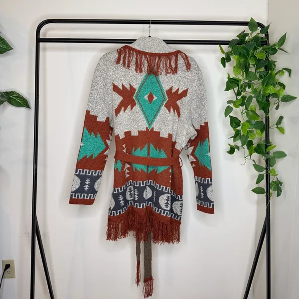 Wrangler Boho Western Aztec Print Fringe Belted Cardigan size XL - Image 5