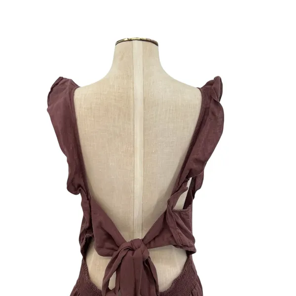 Free People Erin Ruffled Mini Dress Cut Out Back Linen Brown Size Large - Image 11
