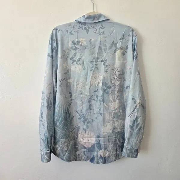Blue Floral Blouse Top Linen Feel Pastel Lightweight Cottagecore Grandmacore L - Image 4