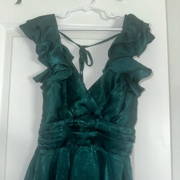 Altar’d State Small Tracey Green Satin Ruffle Sleeve Holiday Cocktail Dress - Image 4