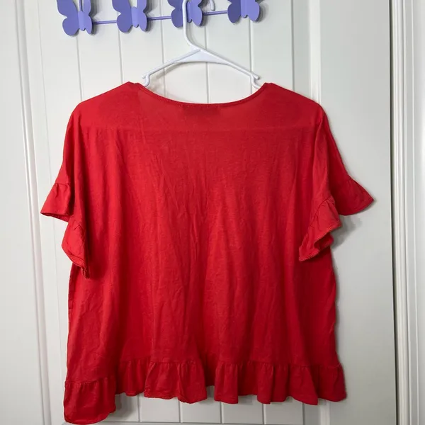 NWOT LOFT‎ Women’s bright orange ruffle sleeve hem v-neck cut blouse top medium - Image 5