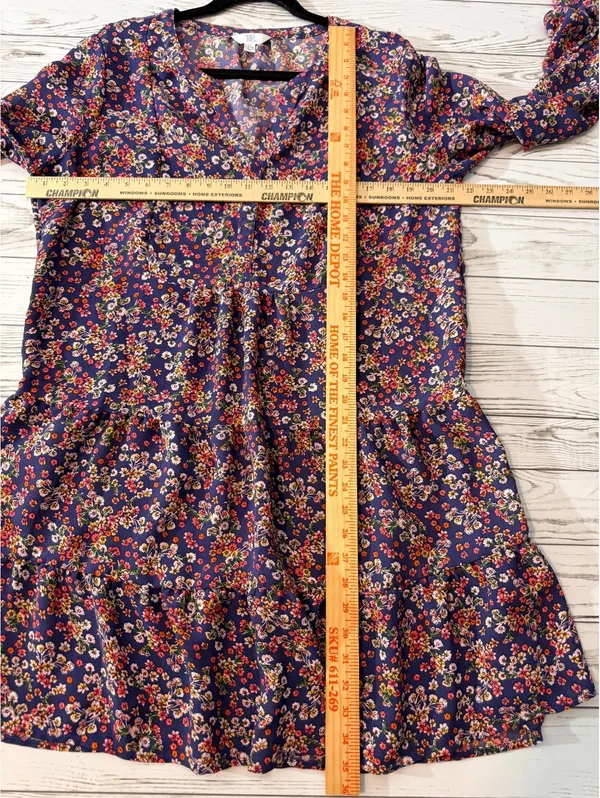 Time and Tru Floral Tiered Dress Women’s L 12-14 Long Sleeve Navy Boho - Image 8