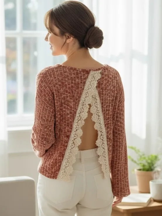 Entro Textured Orange and Cream Sweater - Image 2