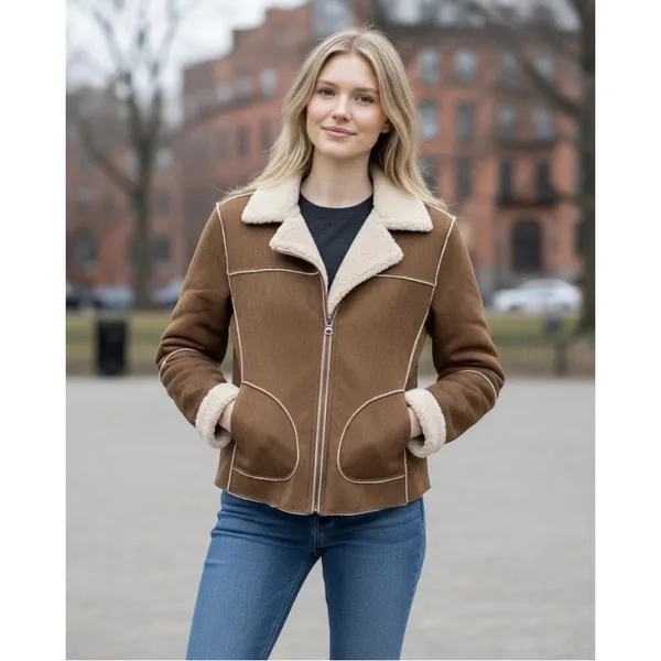 St Johns Bay Faux Suede Ranchers Jacket Womens Large Brown Soft Shearling 2 Tone - Image 3