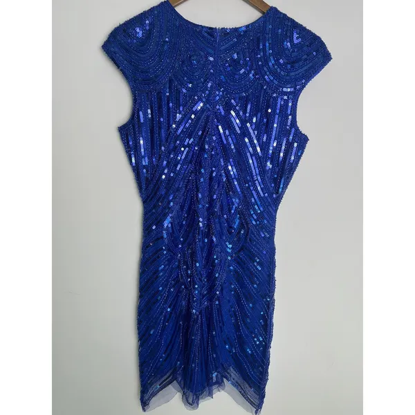 Md Blue Sequin Dress‎ Art Deco Beaded Flapper Party Great Gatsby Speak Easy 1920 - Image 2