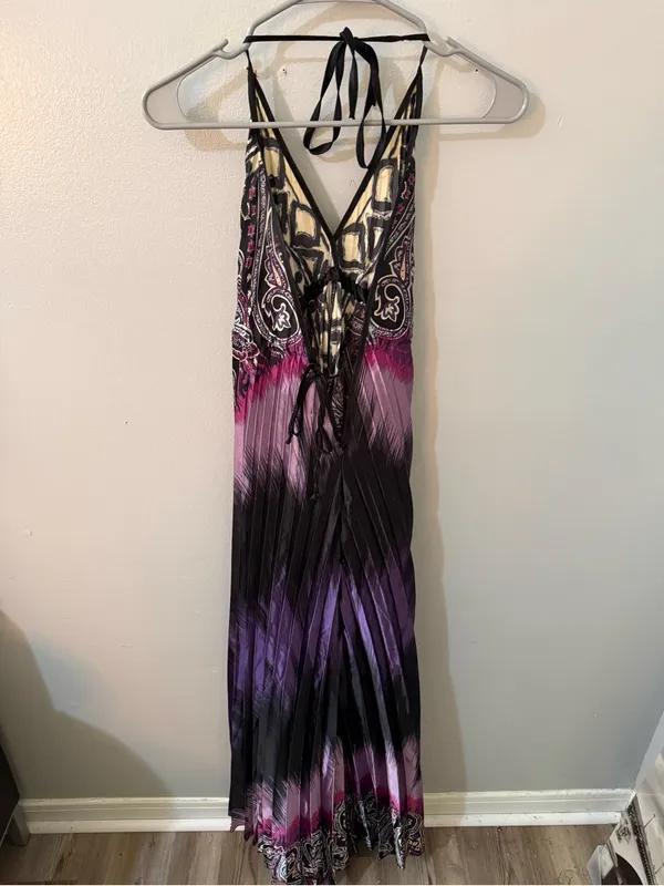 V-Neck Halter Maxi Dress in Black, Purple & Pink - Image 2