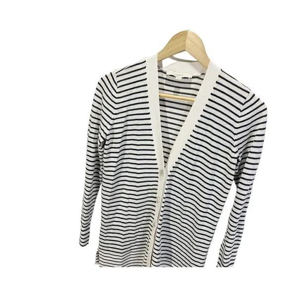 Loft Womens Cardigan Sweater Gray Striped Long Sleeve V Neck Knit Side Slit‎ XS - Image 3