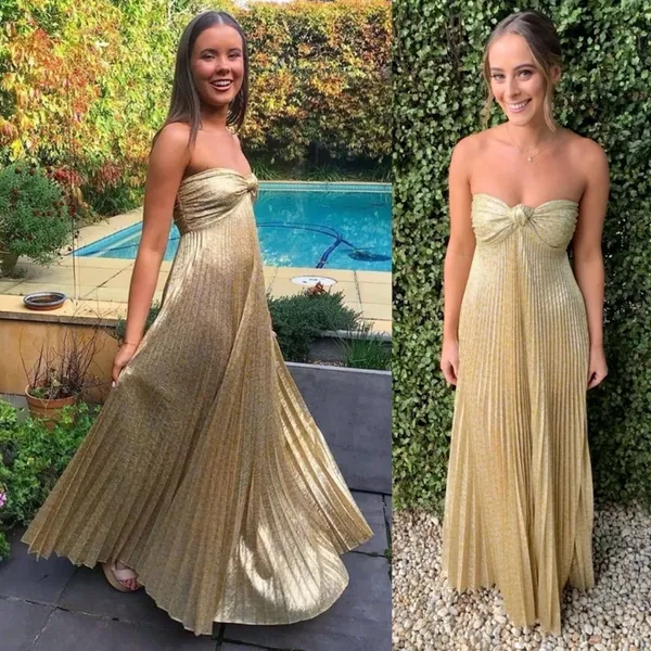 NWOT Alexis Joya Pleated Strapless Metallic Gold Lame Maxi Dress RARE Size XS - Image 3