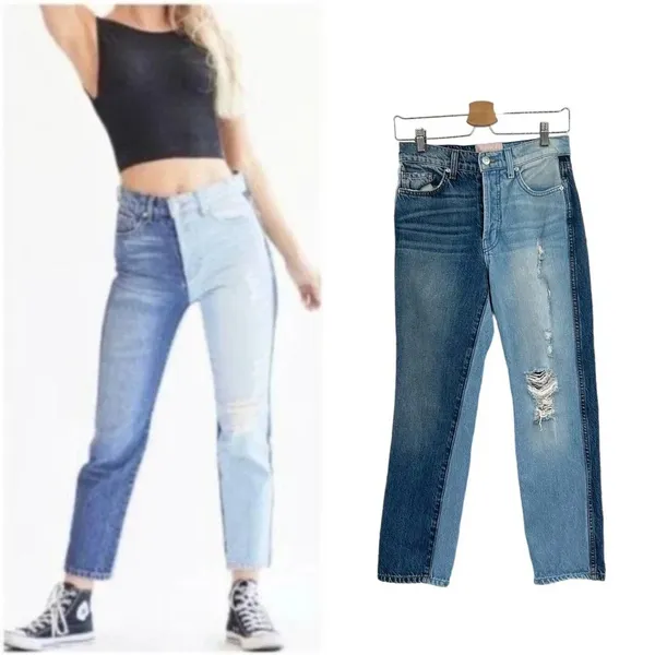 REVICE Two-Tone Yin Yang Distressed‎ Denim High Rise Straight Jeans Size 24 - Image 2