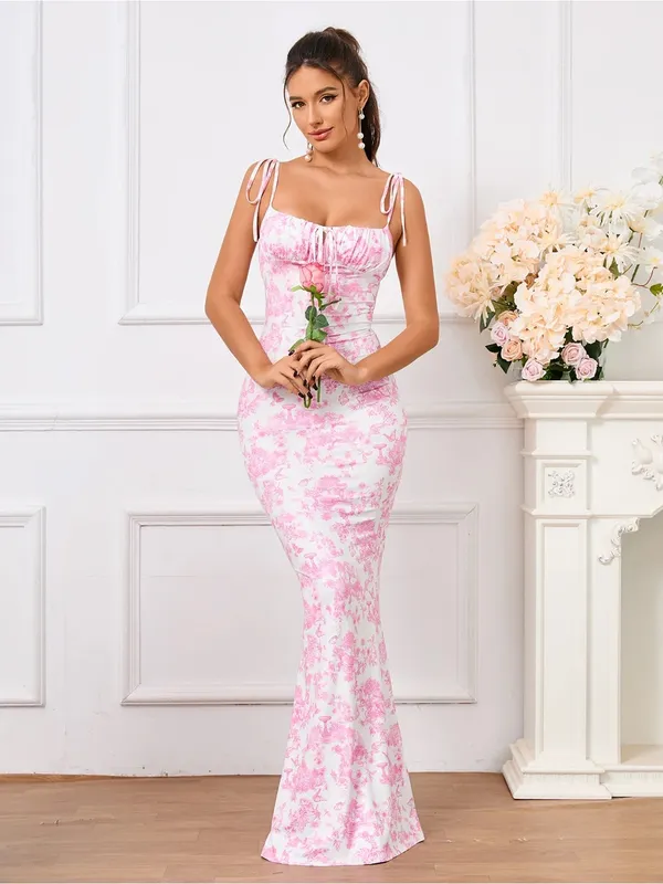$69 NWOT Marthea Tie Shoulder Fishtail Hem Floral Print Maxi Dress - BFloral M - Image 5