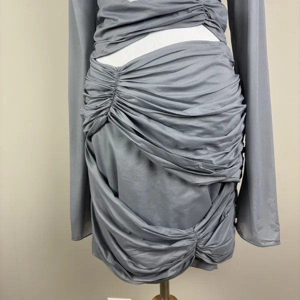 House‎ of CB Mini Dress Womens L+ 10/12 Camille Grey Silk Cutout Ruched Sexy - Image 5