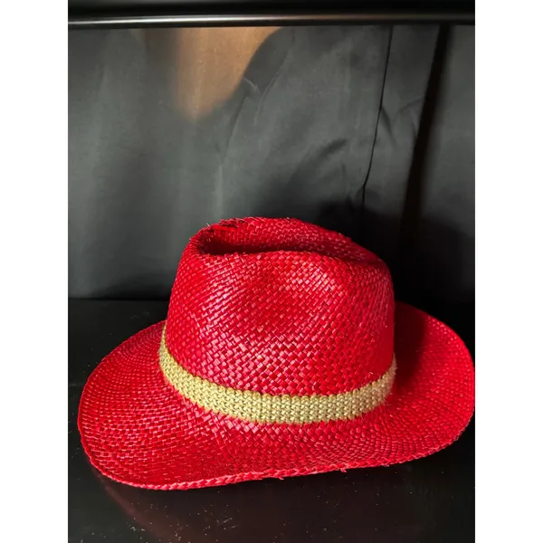 Red Straw Cowboy Hat‎ with Woven Band and Feather Accent Western Style Fedora - Image 8