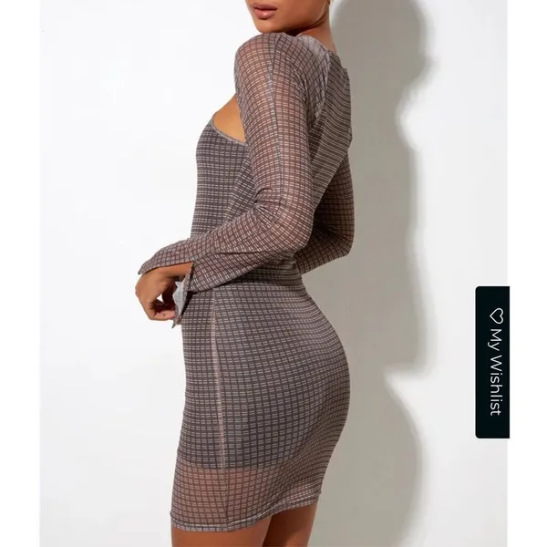 Motel Rocks 🔥5/$25 sale🔥 Brown and Neutral Plaid Pattern with Cutouts and Sheer Sleeve - Image 2