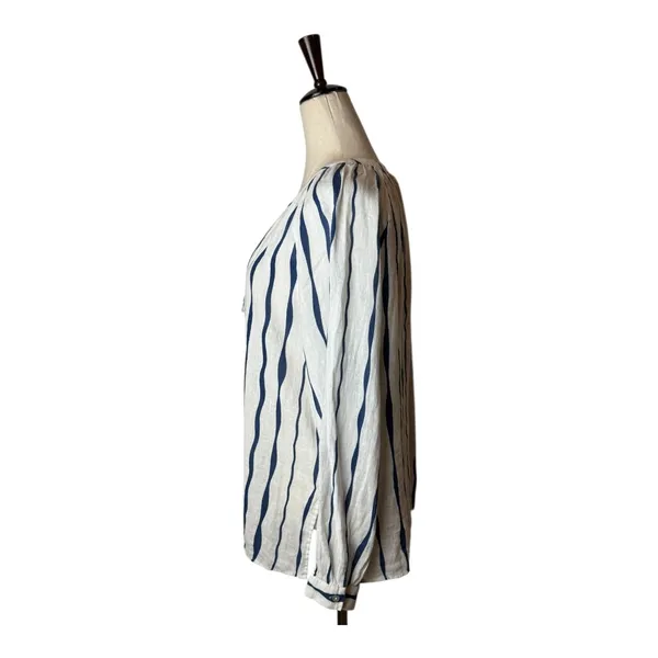 Rails Brielle Shirt Women Small White Blue‎ Wavy Stripe Linen Blend Tie Neck Top - Image 7