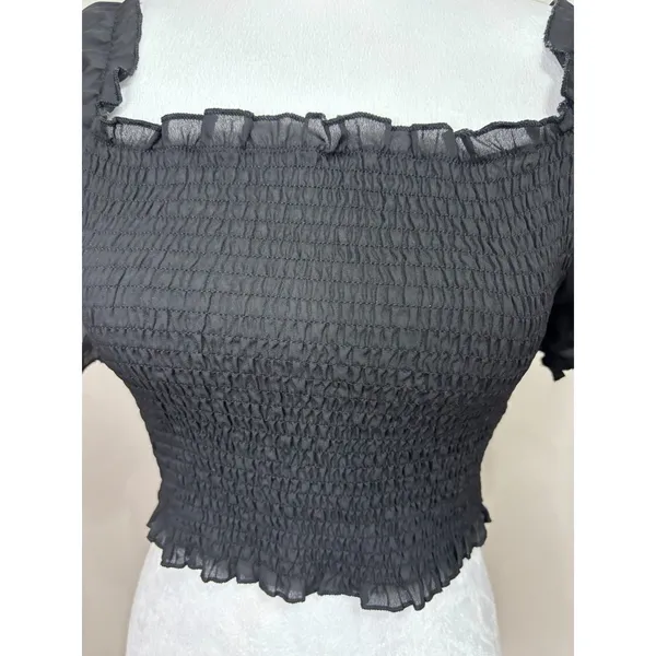 Smocked‎ Crop Top Black Square Neck Puff Sleeve Ruffle Trim Cottage Festival S - Image 2