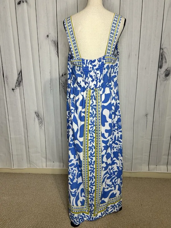 Vince Camuto Floral Border Print Smocked Back Maxi Dress Blue White Sz L Rayon - Image 8