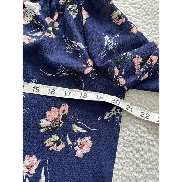 Fun2Fun Navy Blue Floral Boho Kenmore Split Neck Stretch Blouse Size S - Image 8