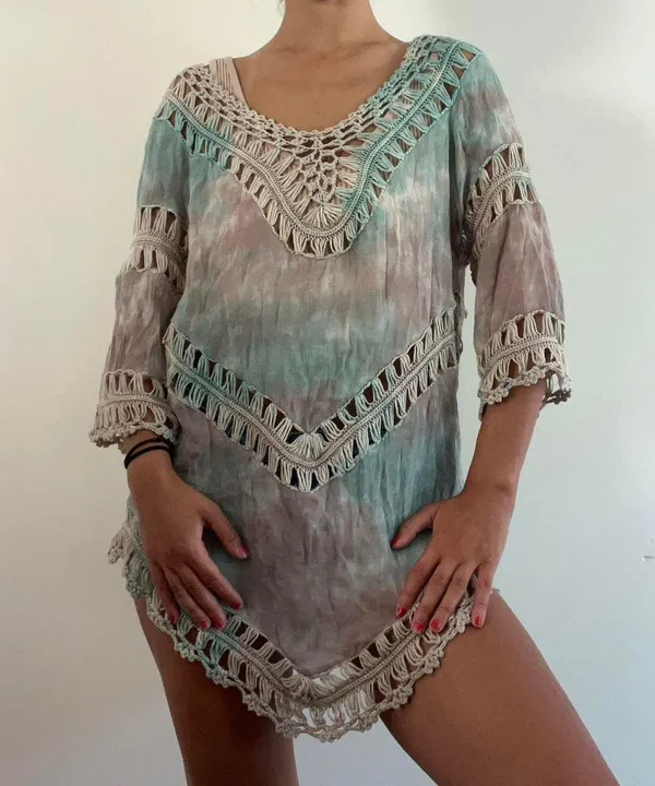 T Party Fashion Beige Teal Crochet Top - Image 4