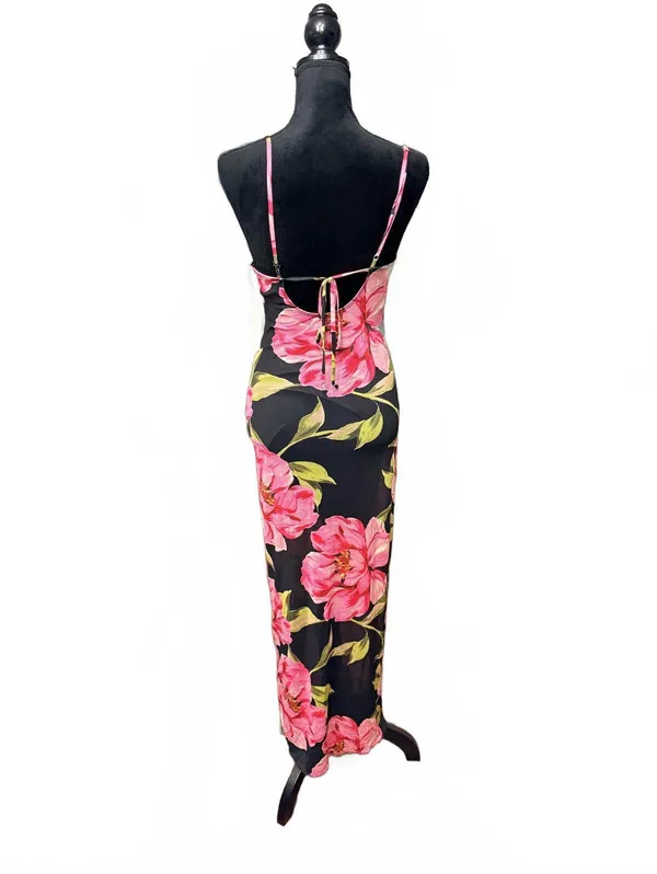 Persaya Black Floral Midi Dress with Pink and Yellow Flowers - Image 2