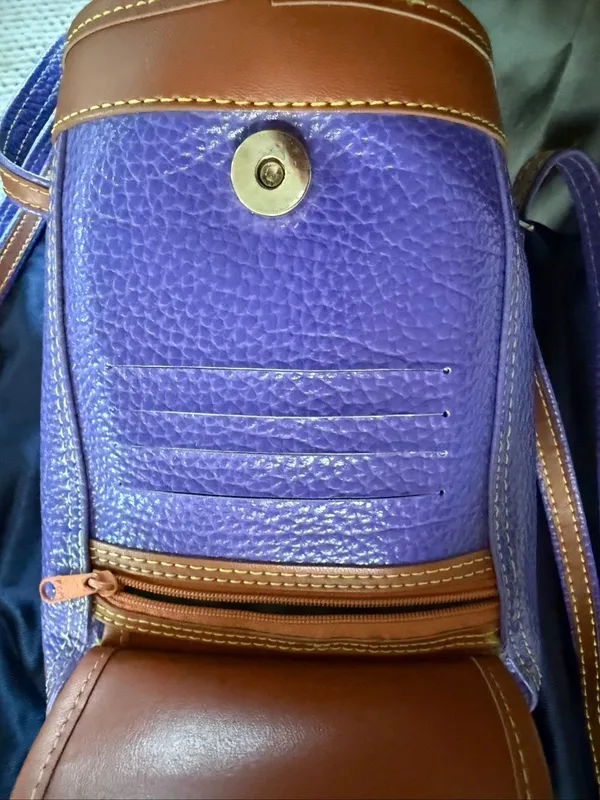 Vintage 80s Carina Intl Inc Waterproof Leather Purple Tan Golf Bag Backpack Nove - Image 8