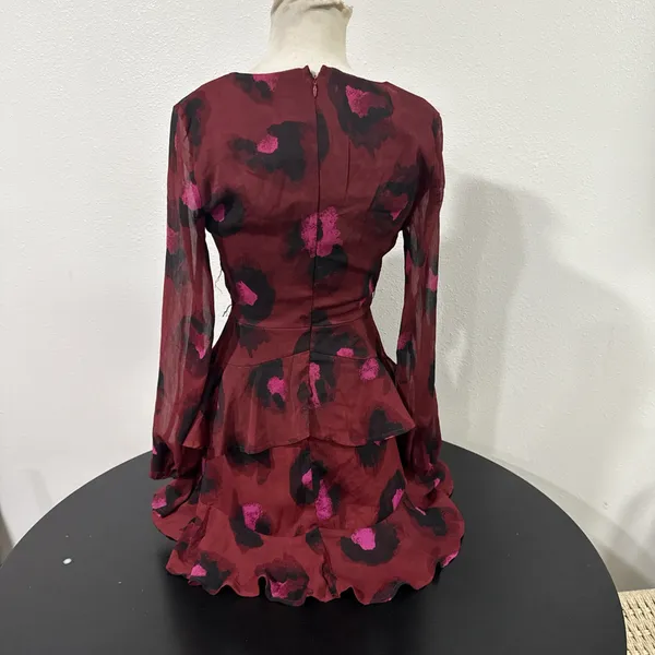 Love Fire Burgundy Floral Ruffle Mini Dress | Long Sleeve Wrap Style - Image 3