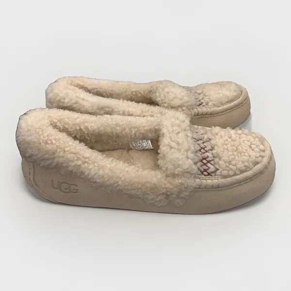 UGG Ansley Heritage Braid Suede Moccasin Slippers Sand Cream Shearling Womens 9 - Image 5
