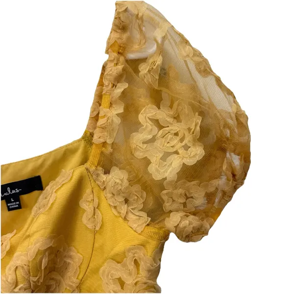 Lulus Notable Elegance Yellow Mesh‎ Floral Bustier Midi Dress Size LARGE Whimsy - Image 7