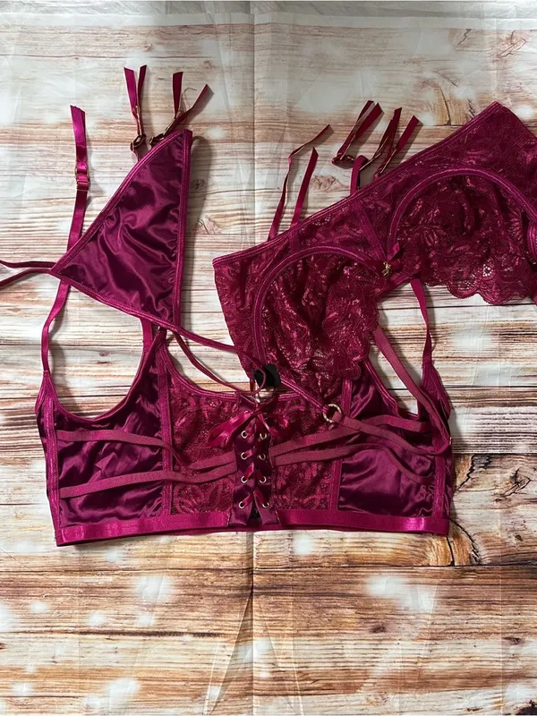 Dreamgirl Starstruck Purple Satin 3 Pc Bra Garter G String Set Sz XL - Image 2