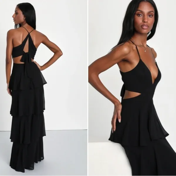 LULUS Prom Wedding Bridesmaid Sexy Tiered Ruffles Black Maxi Dress - Image 3
