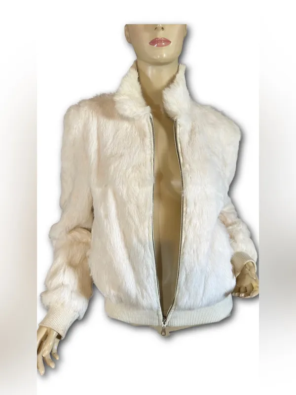 Vintage 1990'S Wilsons Leather Maxima White Rabbit Fur Bomber Jacket (M) - Image 7