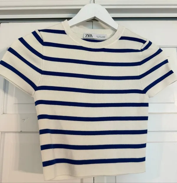 Zara white and blue striped cropped baby tshirt size M - Image 2