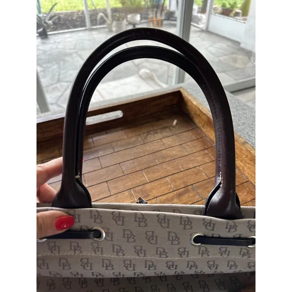Dooney & Bourke Monogram Canvas Tote Bag Brown Leather‎ Trim Tassel Accent - Image 8