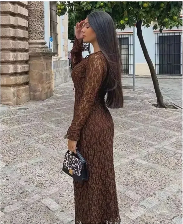 Zara Brown Lace Long-Sleeve Midi Dress - Image 8