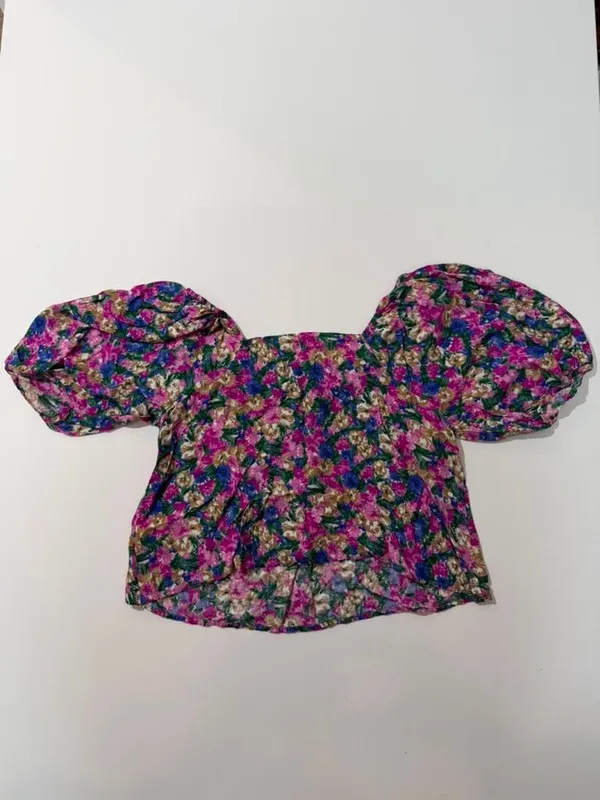 Boho Romantic Picnic Cute Ditsy Floral Puff Sleeve Milkmaid Crop Top Blouse - Image 2