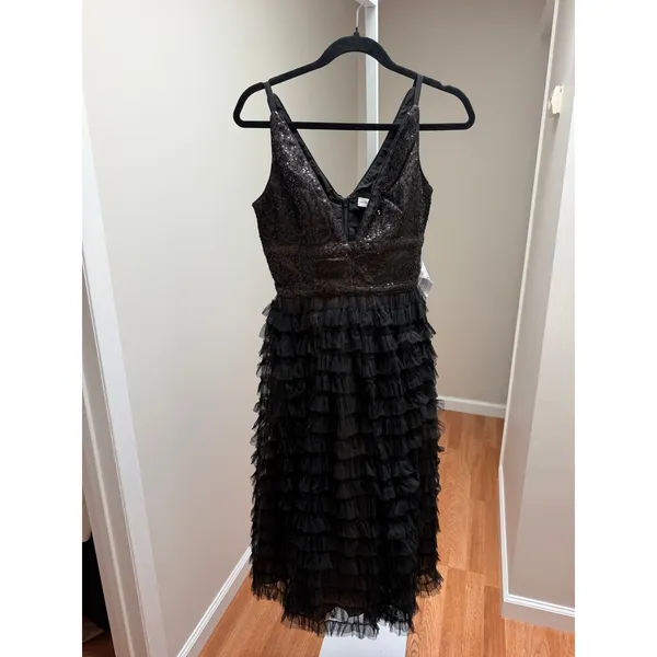 Dress the Population Becca Midi Dress Black Sleeveless Sequin Tiered Small - Image 5