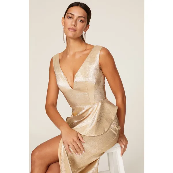 Black Halo Gold Hendricks Sleeveless V-Neck Metallic Cocktail Evening Gown 8 - Image 4