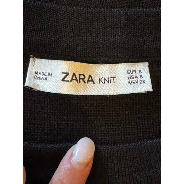 Zara Sweater Women Small Black Knit Crew‎ Neck Striped Trim Top Nautical Preppy - Image 9